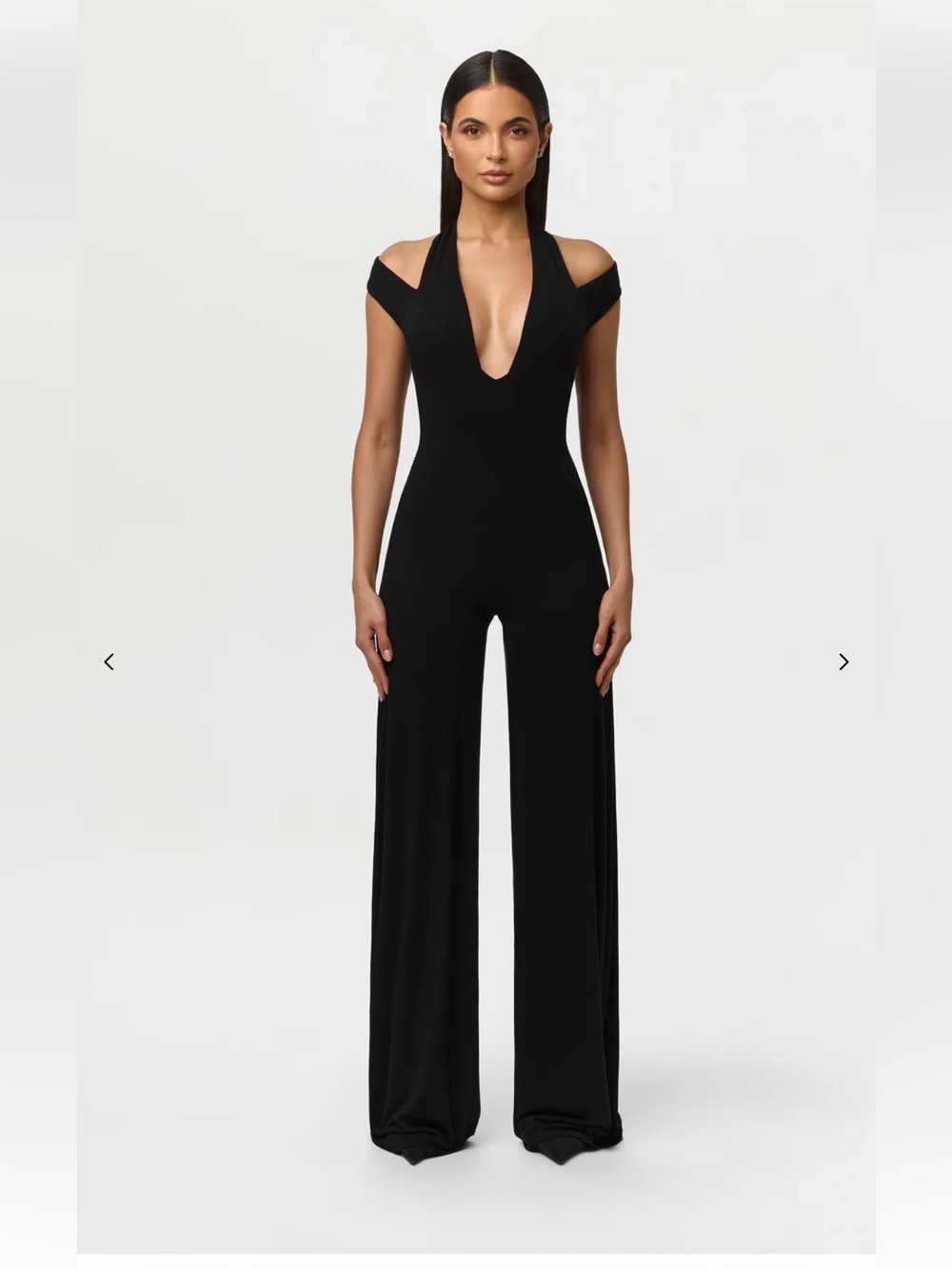 Naked Wardrobe $128 SMOOTH OFF-SHOULDER HALTER JUMPSUIT Black